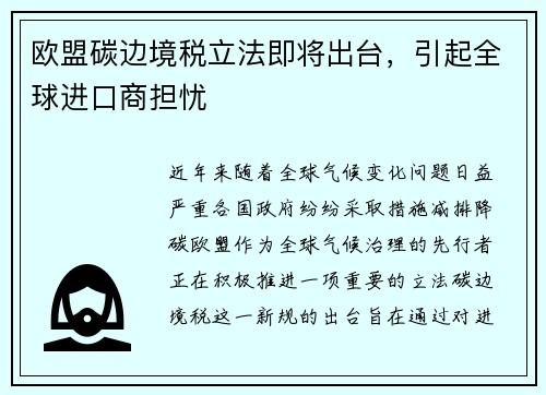 欧盟碳边境税立法即将出台，引起全球进口商担忧